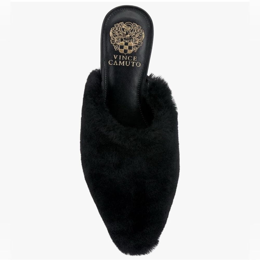 NIB Vince Camuto Samara Black Shearling Faux Fur Pointed Mule Slides Flats 9.5 - Picture 3 of 16